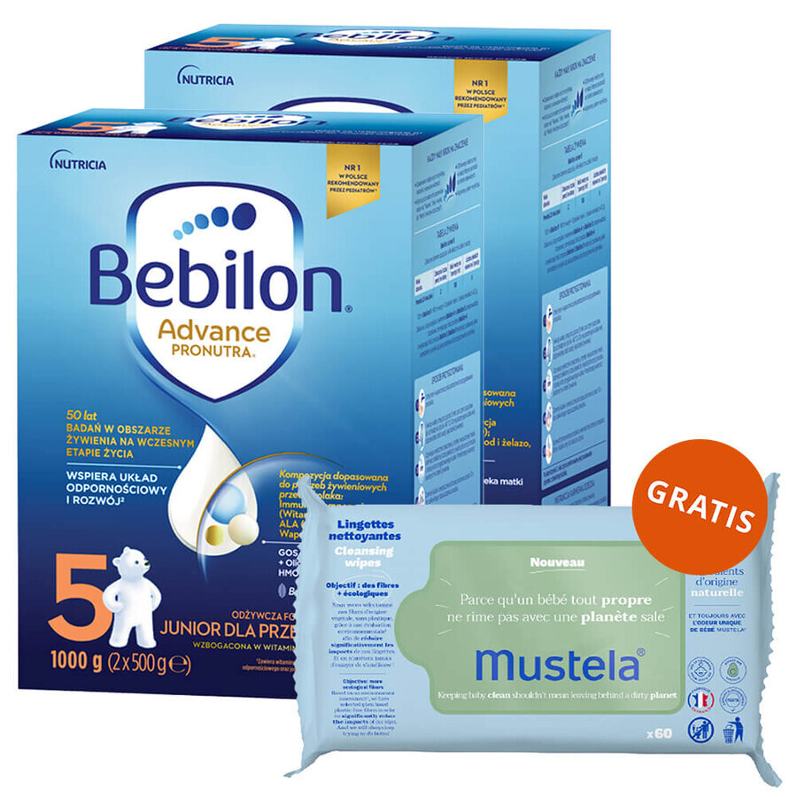 Set Bebilon Advance Pronutra 5 Junior, milk-based nutritious formula for pre-schoolers, 2 x 1000 g + Mustela wet wipes, 60 pieces free of charge