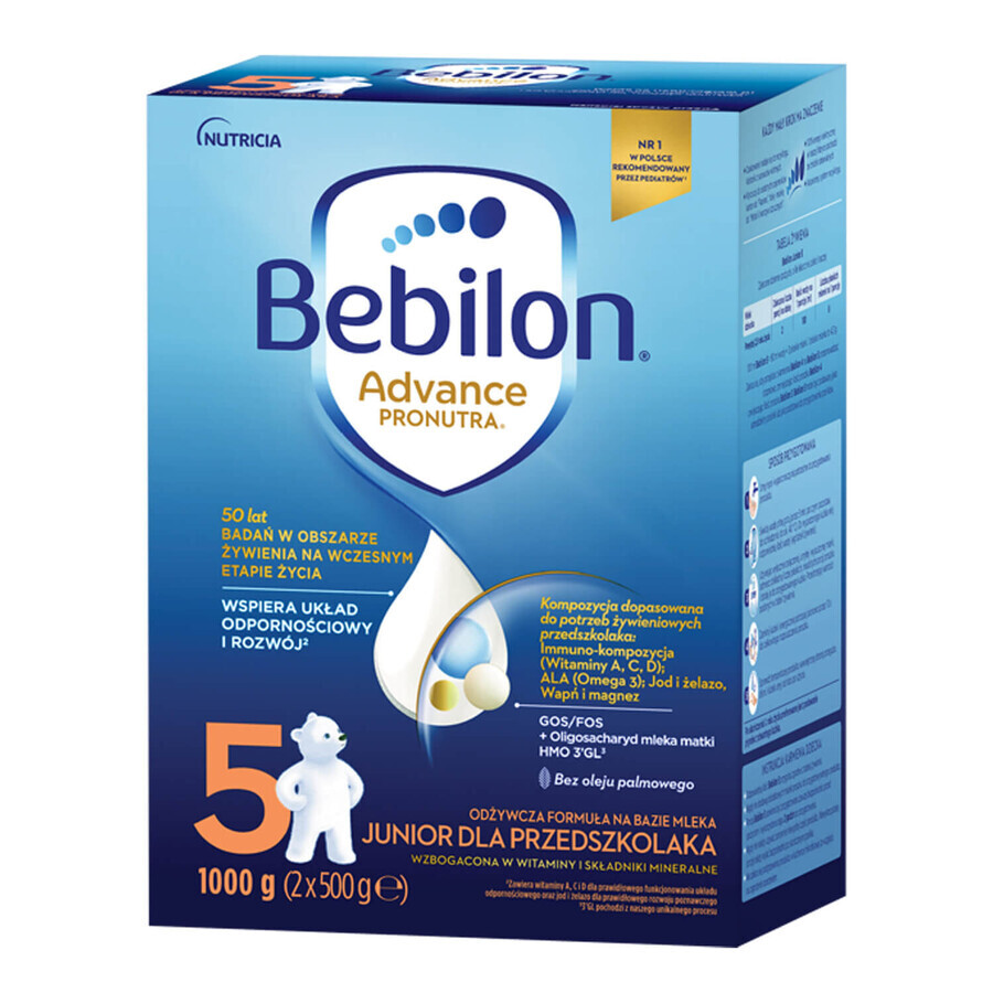 Set Bebilon Advance Pronutra 5 Junior, milk-based nutritious formula for pre-schoolers, 2 x 1000 g + Mustela wet wipes, 60 pieces free of charge
