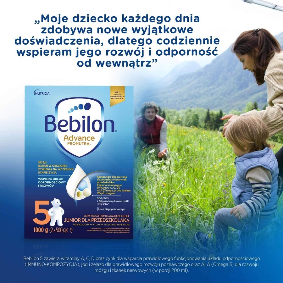Set Bebilon Advance Pronutra 5 Junior, milk-based nutritious formula for pre-schoolers, 2 x 1000 g + Mustela wet wipes, 60 pieces free of charge