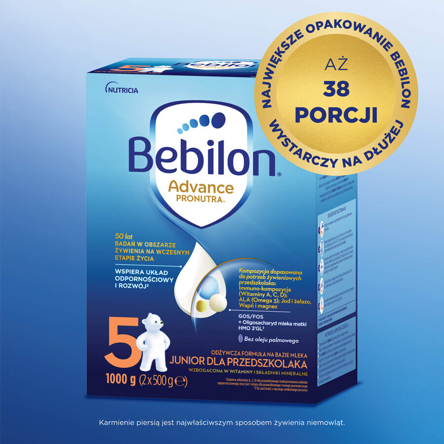Set Bebilon Advance Pronutra 5 Junior, milk-based nutritious formula for pre-schoolers, 2 x 1000 g + Mustela wet wipes, 60 pieces free of charge