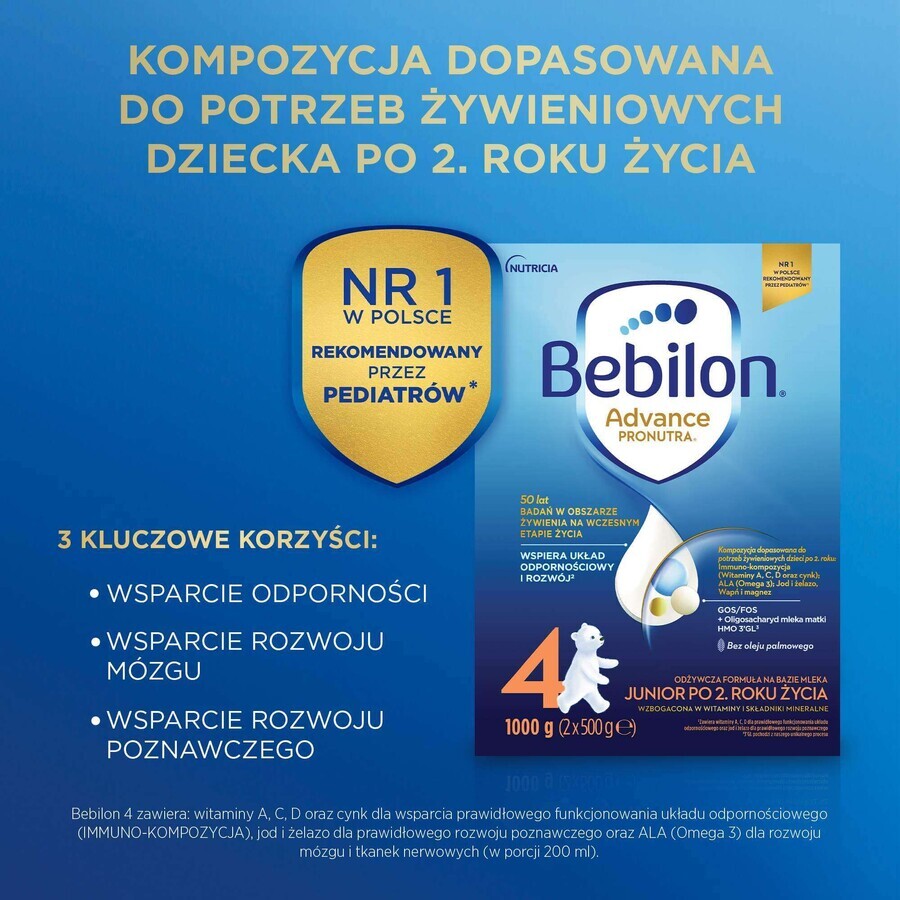 Set Bebilon Advance Pronutra 4 Junior, milk-based nourishing formula, after 2 years, 2 x 1000 g + Mustela wet wipes, 60 free