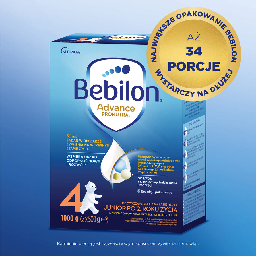 Set Bebilon Advance Pronutra 4 Junior, milk-based nourishing formula, after 2 years, 2 x 1000 g + Mustela wet wipes, 60 free