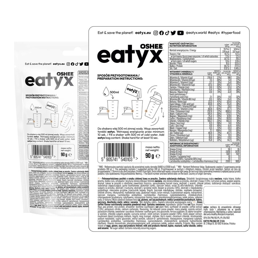 OSHEE Eatyx, repas froid en poudre, végétalien, café vert, 90 g