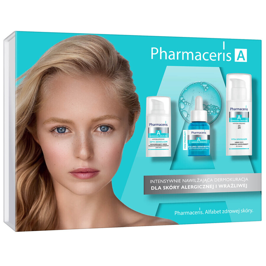 Kit Pharmaceris A Vita-Sensilium, cremă hidratantă ușoară, SPF 20, 50 ml + Opti Sensilium, cremă de ochi, 15 ml + Hyaluro-Sensibio, ser hidratant intensiv, 30 ml
