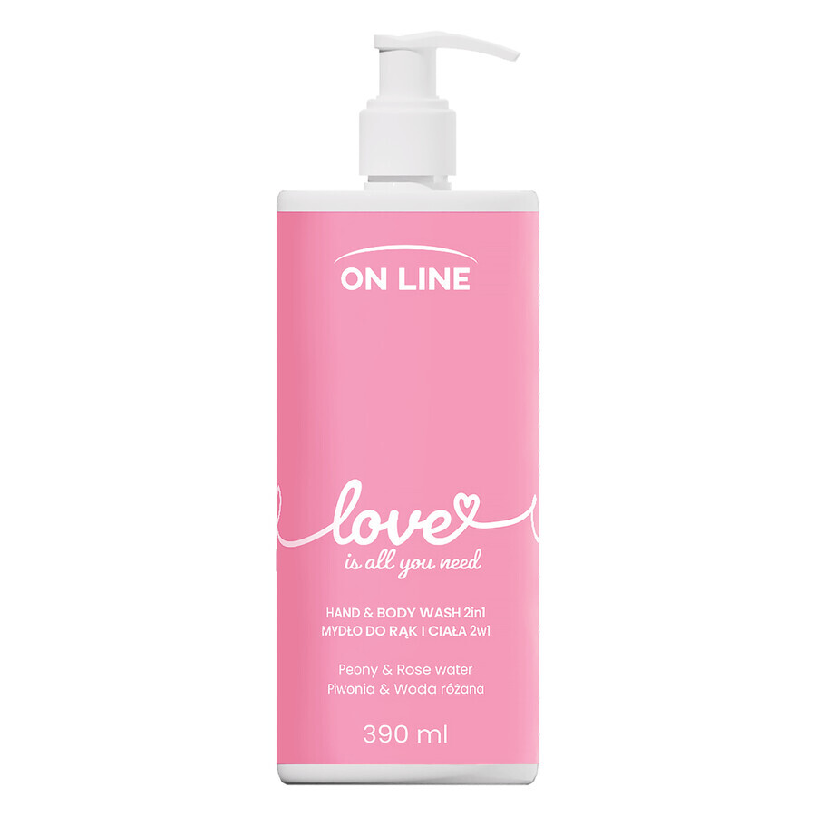 On Line Love, savon liquide 2 en 1 pour les mains et le corps, pivoine et eau de rose, 390 ml