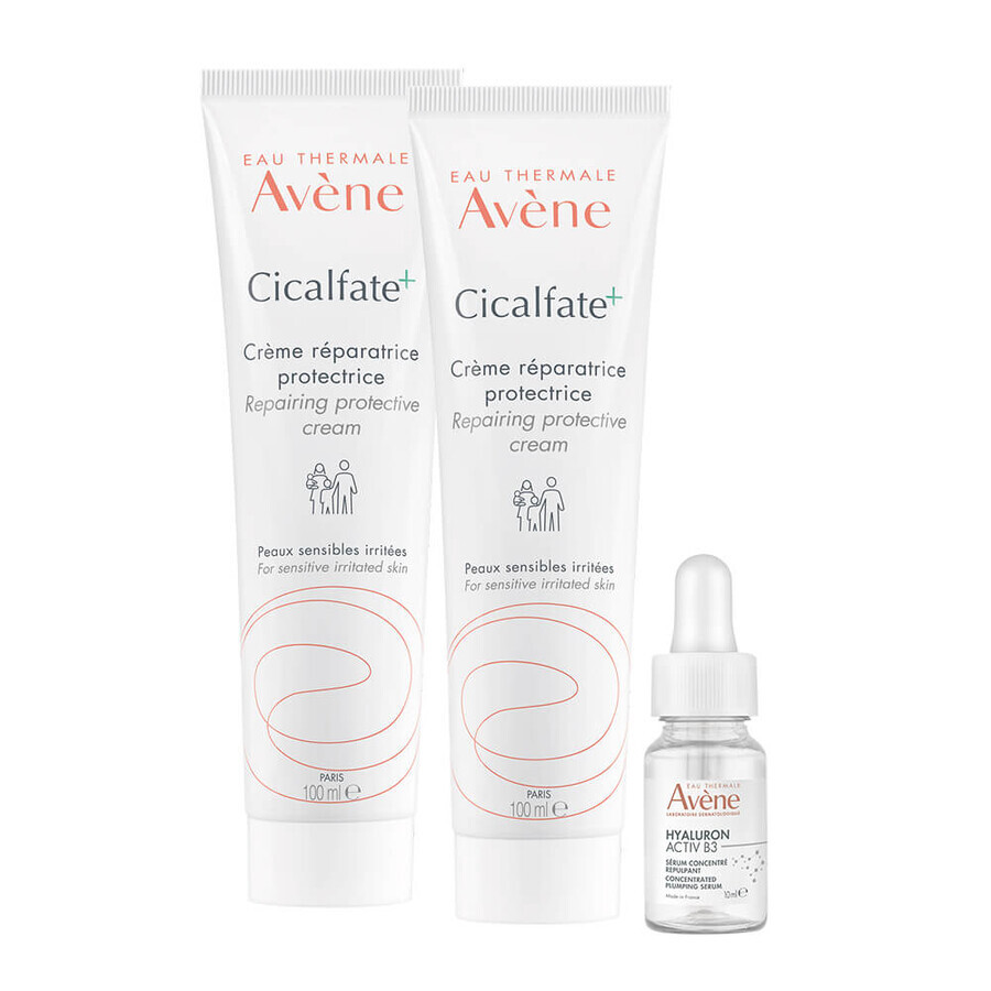 Avene Cicalfate+ set, regenererende beschermende crème voor het hele gezin, gevoelige en geïrriteerde huid, 2 x 100 ml + Hyaluron Activ B3, herstellend serum, 10 ml gratis