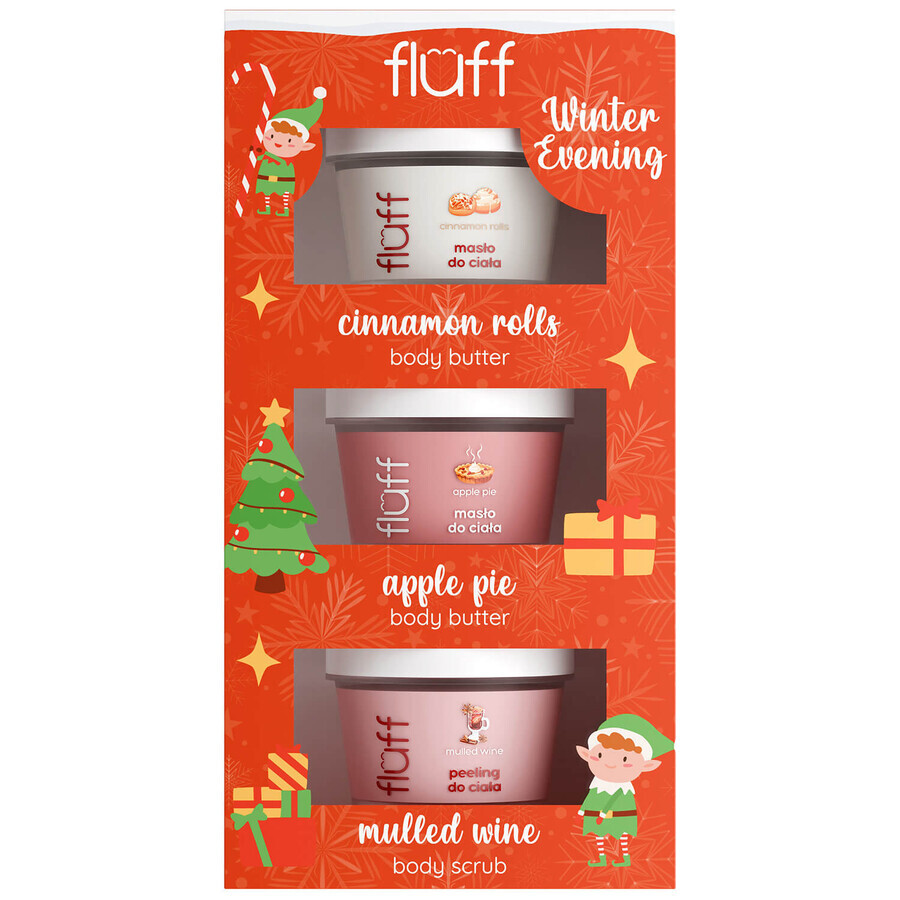 Set Fluff Winteravond, boter Kaneelbroodjes, 100ml + boter Appeltaart, 100ml + scrub Glühwein, 100ml