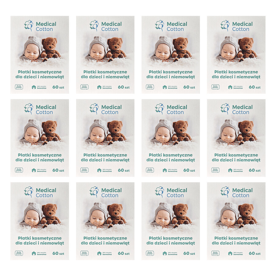 Set de bumbac medical, tampoane cosmetice pentru bebeluși și copii, mari, 100% bumbac, de la naștere, 12 x 60 bucăți