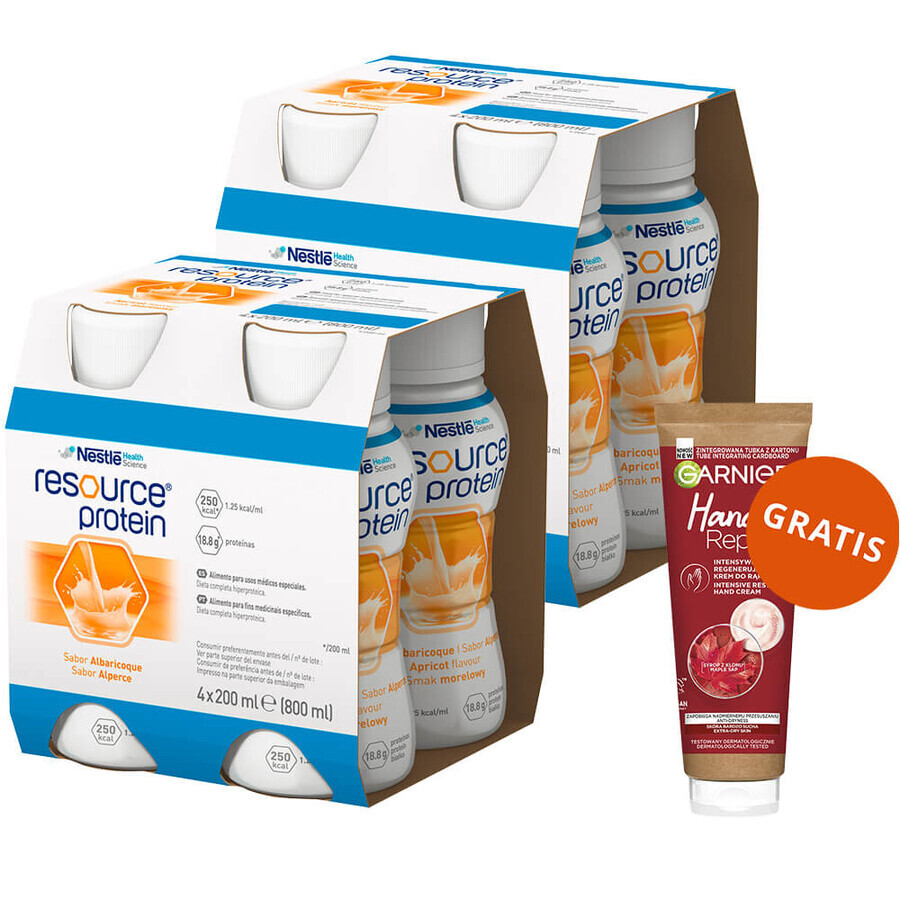 Resource Protein Kit, nourishing formula, apricot flavored, 8 x 200 ml + Garnier Hand Repair, intensive regenerating hand cream, 75 ml free