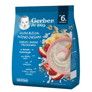 Gerber Haferbrei und Reis, Äpfel, Bananen, Erdbeeren, Milch, ohne Zuckerzusatz, ab 6 Monaten, 160 g