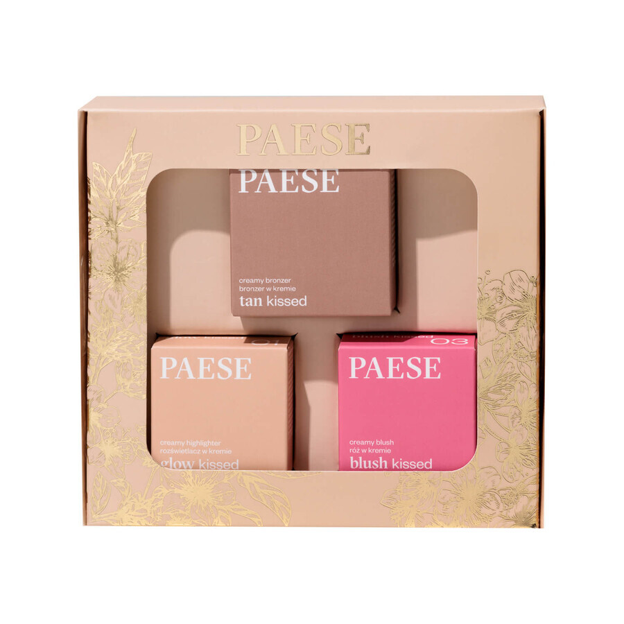 Paese Contouring Set Cold, Tan Kissed, crème bronzer, 01, 12 g + Glow Kissed, crème highlighter, 0,1, 4 g + Blush Kissed, crème blush, 03, 4 g