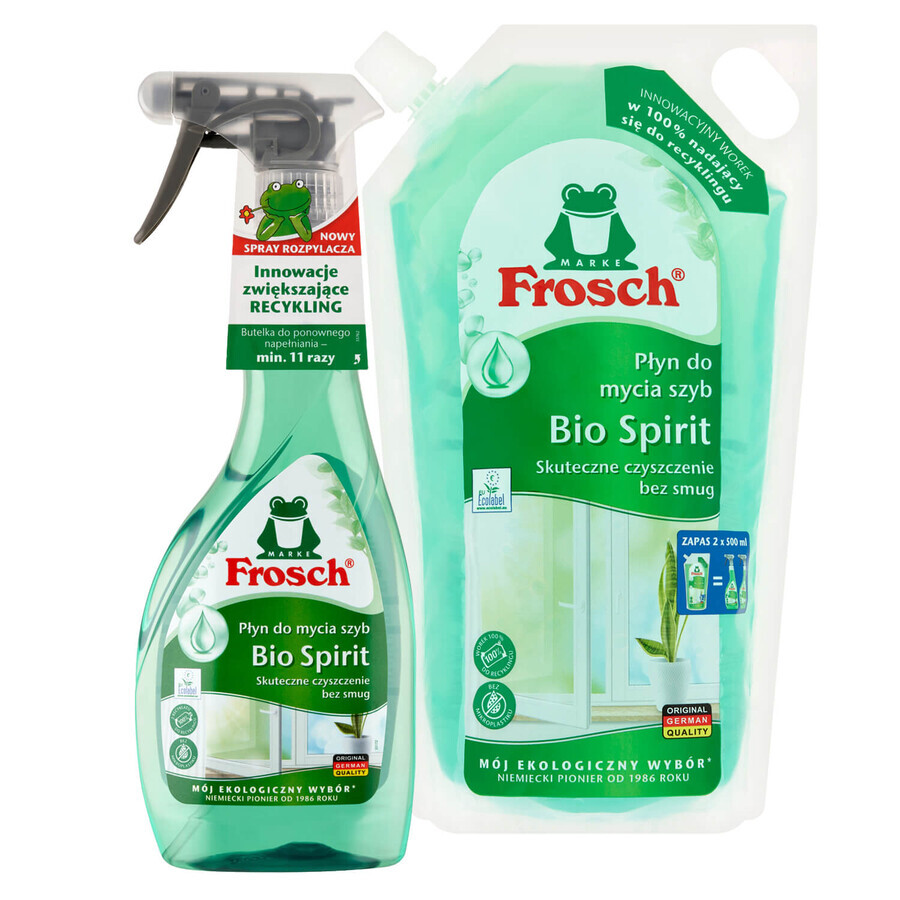 Set Frosch, detergent pentru sticlă, Bio Spirit, 500 ml + rezervă, 1000 ml