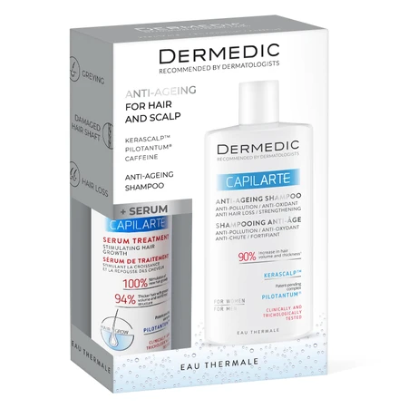 Set Dermedic Capilarte, sérum de traitement stimulant la croissance des cheveux pour femmes et hommes, 150 ml + shampooing anti-âge, 300 ml