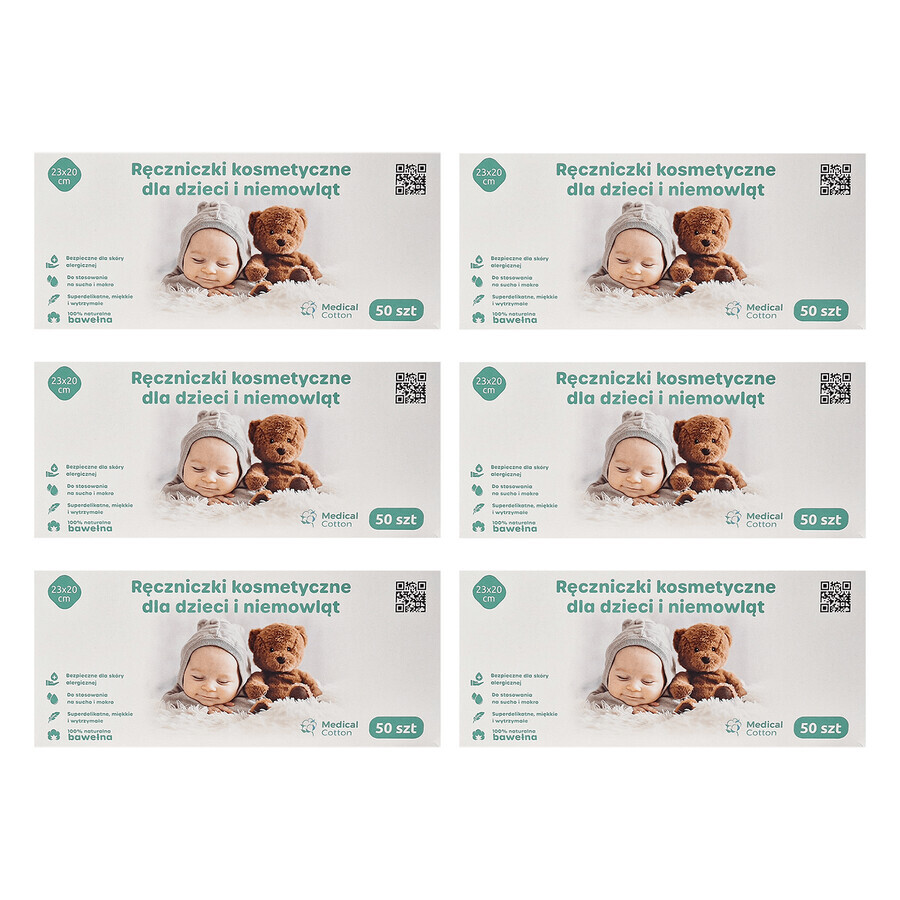 Set van medisch katoen, cosmetische handdoeken voor baby's en kinderen, 23 x 20 cm, 100% katoen, vanaf de geboorte, 6 x 50 stuks
