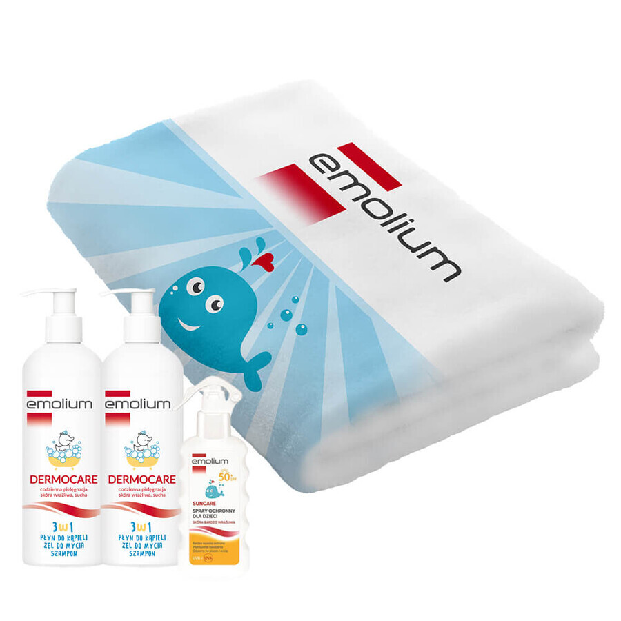 Emolium Dermocare 3 in 1 set, bath lotion, wash gel, shampoo, 2 x 400 ml + protective spray for children from 1 year of age, SPF 50+, 175 ml + free towel