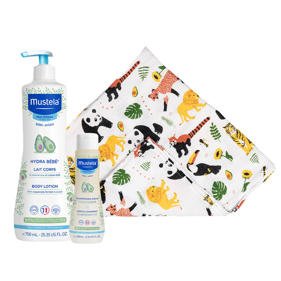 Set Mustela Bebe Enfant Hydra Bebe, body milk, from birth, 750 ml + baby shampoo, from the first day, 200 ml + free bamboo diaper