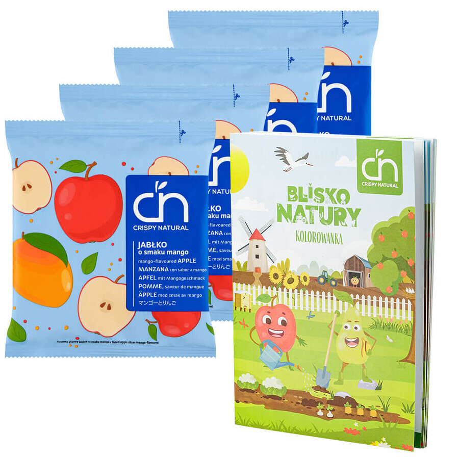 Set Crispy Natural Crisps, patatine secche alla mela al gusto di mango, 4 x 18 g + libro da colorare Near Nature free