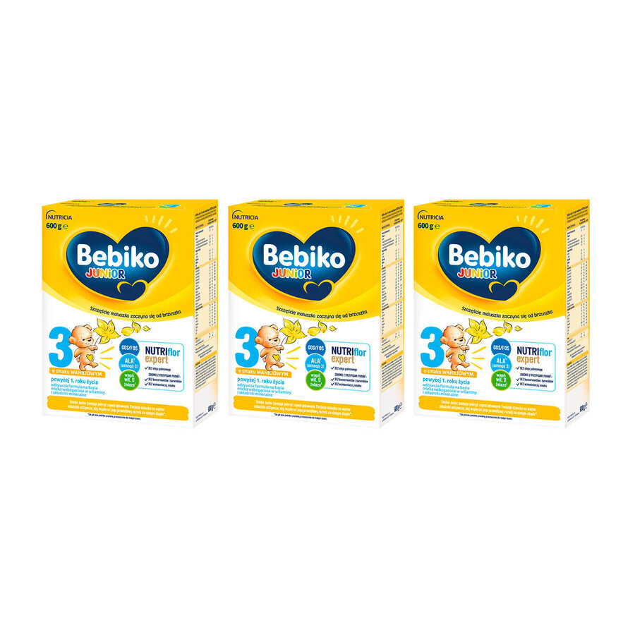 Bebiko Junior 3 Nutriflor Expert set, milk-based nutritious formula, over 1 year, vanilla flavor, 3 x 600 g