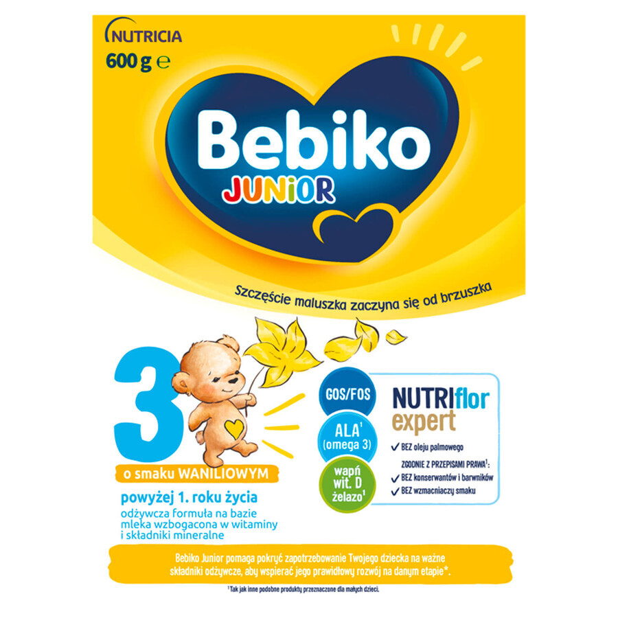 Bebiko Junior 3 Nutriflor Expert set, milk-based nutritious formula, over 1 year, vanilla flavor, 3 x 600 g