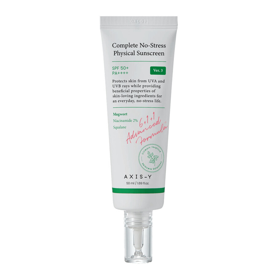 Axis-y Complete No-Stress Physical Sunscreen V3, crème solaire pour le visage, SPF 50+, 50 ml