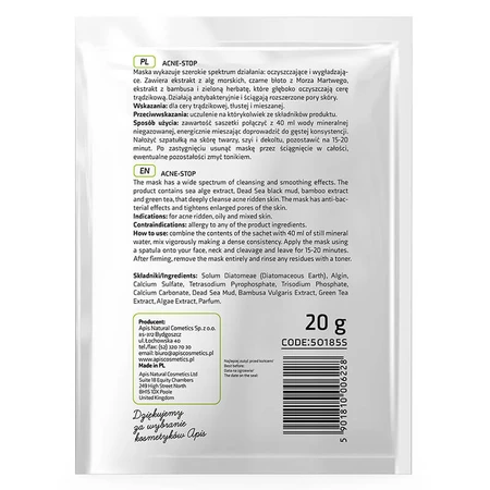 Apis Professional Acne-Stop, mascarilla de algas para pieles con tendencia acneica, 20 g