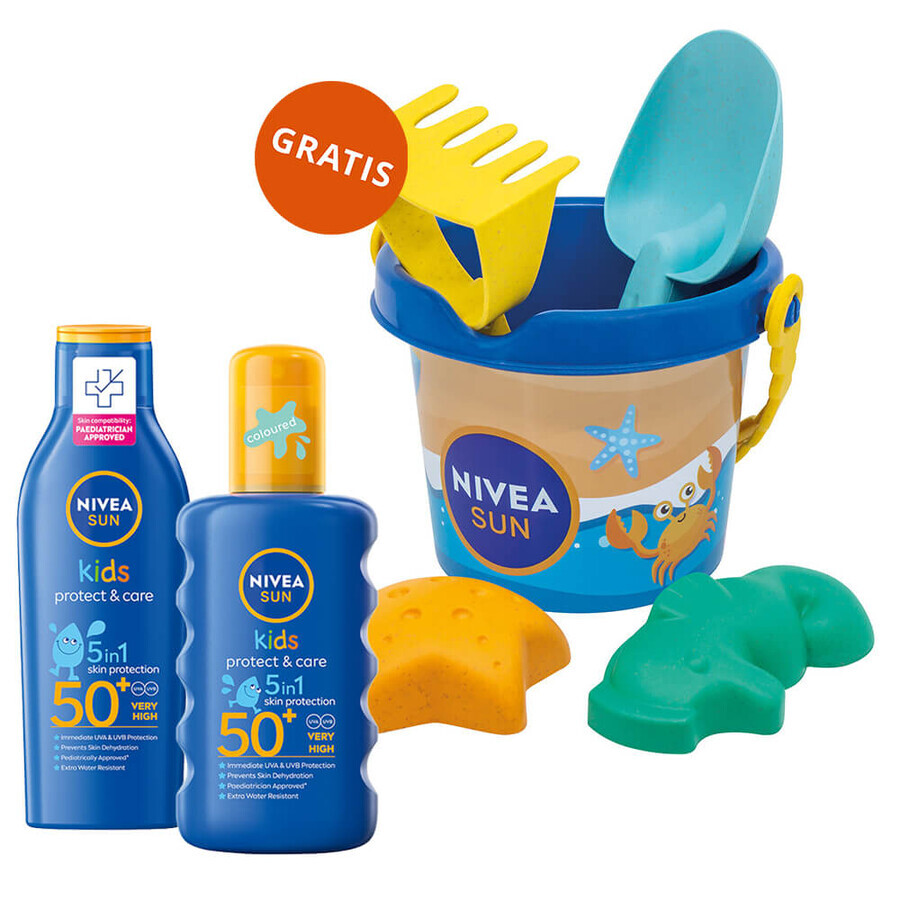 Nivea Sun Kids Protect & Care 5in1 Set, Lozione solare per bambini, SPF 50+, 200 ml + Spray solare per bambini, SPF 50+, 200 ml + secchiello di sabbia in omaggio