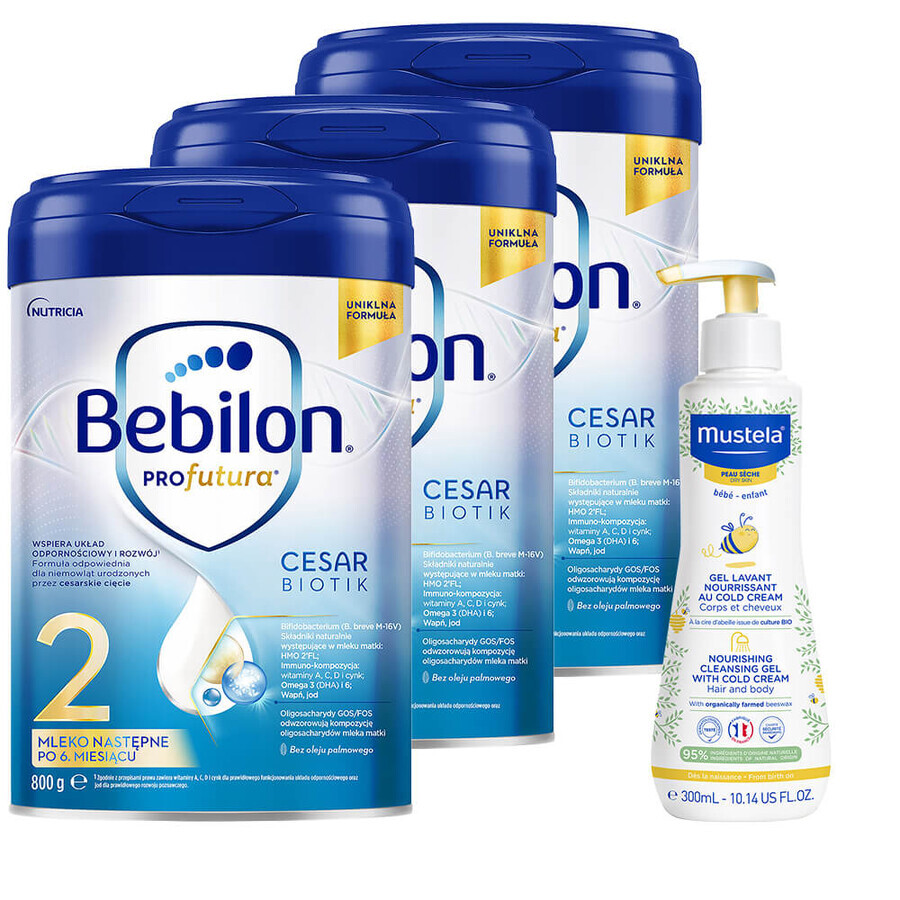 Set Bebilon Profutura Profutura CesarBiotik 2, Folgemilch, nach 6 Monaten, 3 x 800 g + Mustela Bebe Enfant, nährendes Waschgel, 300 ml gratis
