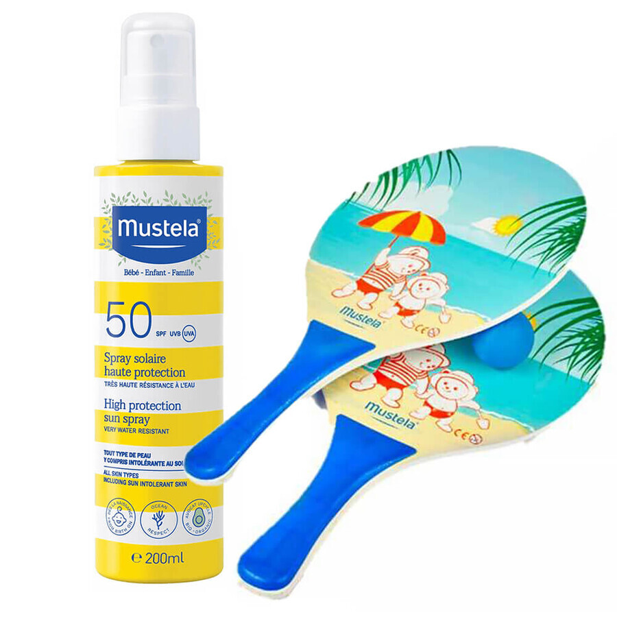 Mustela Sun Bebe Enfant-Famille, sun protection spray for face and body, SPF 50, 200 ml + free sun protection rackets