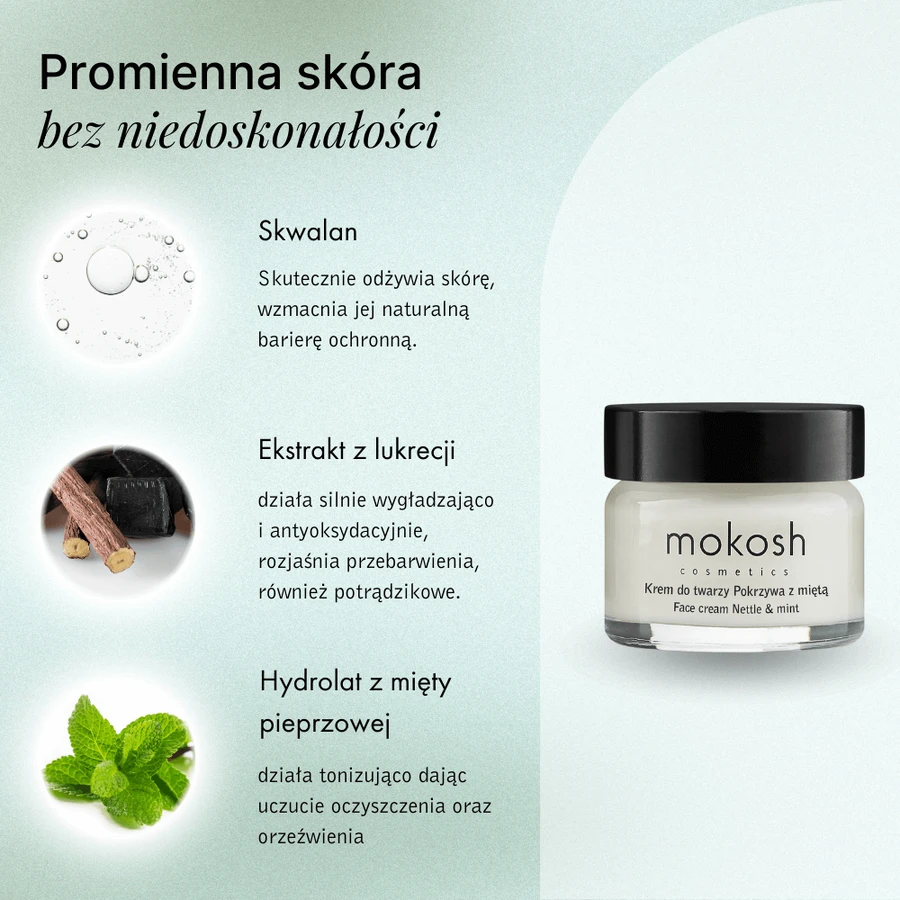 Mokosh verzachtende en hydraterende gezichtscrème, brandnetel met munt, 15 ml