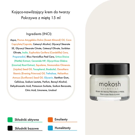 Mokosh verzachtende en hydraterende gezichtscrème, brandnetel met munt, 15 ml