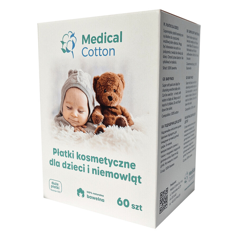 Set of medical cotton, cosmetic pads for babies and children, large, 100% cotton, from birth, 5 x 60 pieces