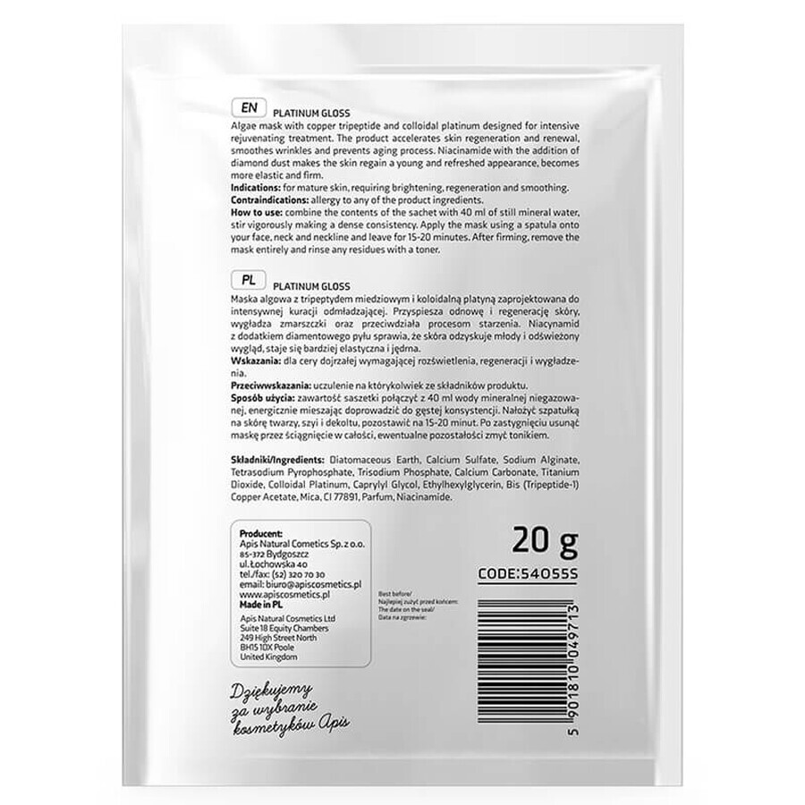 Apis Professional Platinum Gloss, maschera alle alghe di platino, 20 g