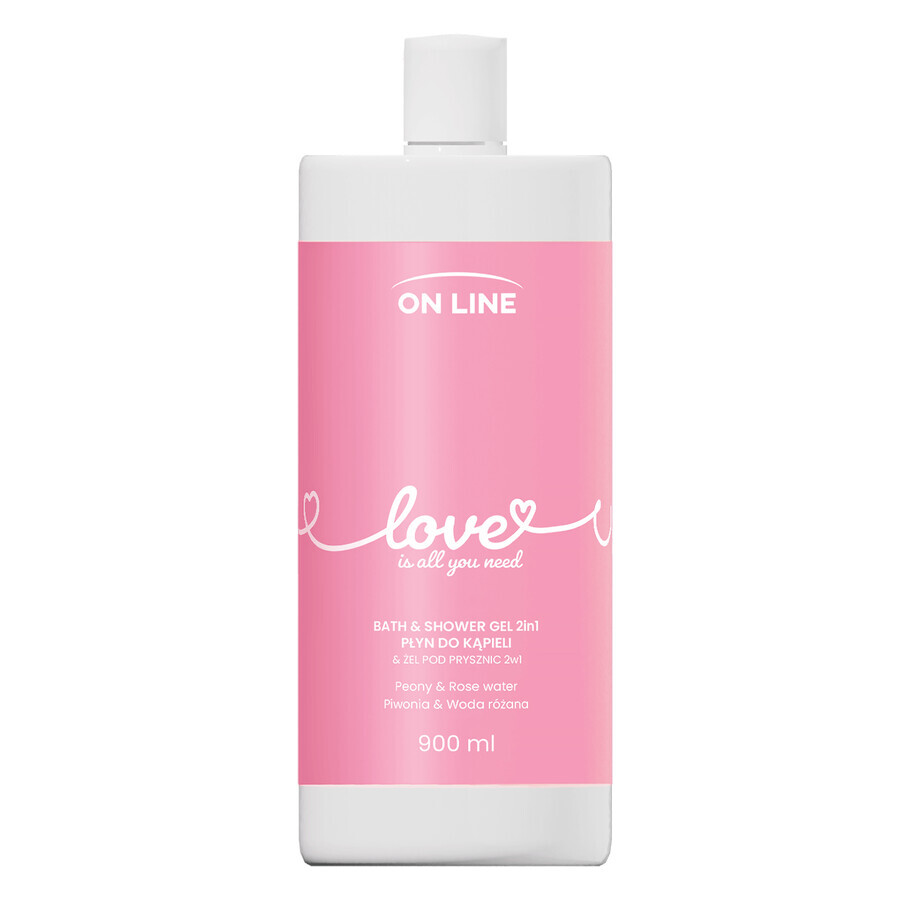 On Line Love 2 in 1 Badelotion und Duschgel, Pfingstrose und Rosenwasser, 900 ml