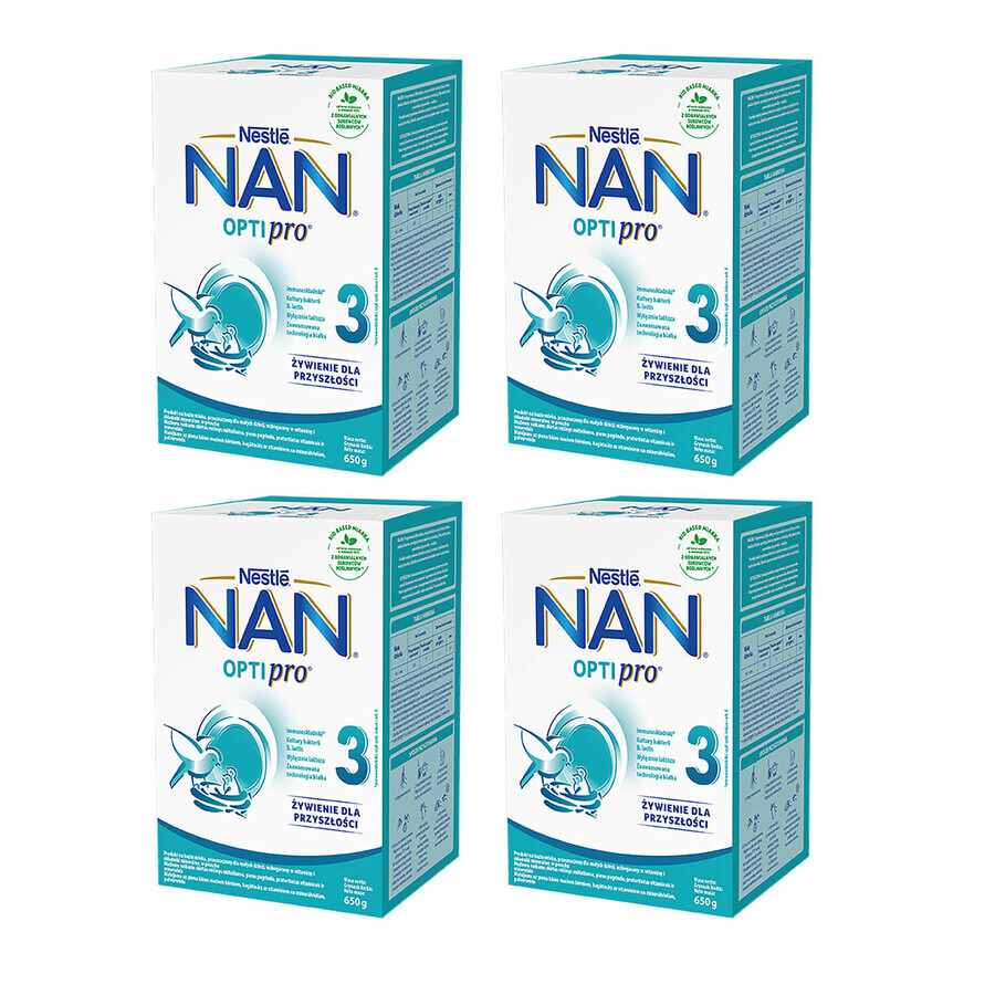 Set Nestlé NAN Optipro 3, lait modifié Junior pour enfants de plus de 1 an, 4 x 650 g