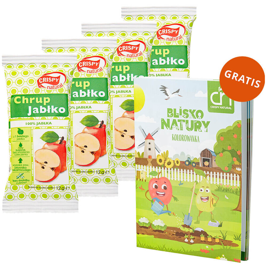 Set Crispy Natural Chrup Apple, cubetti di mela essiccata, 4 x 12 g + libro da colorare Near Nature in omaggio