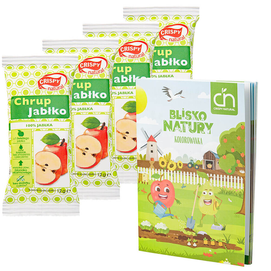 Set Crispy Natural Chrup Apple, cubetti di mela essiccata, 4 x 12 g + libro da colorare Near Nature in omaggio