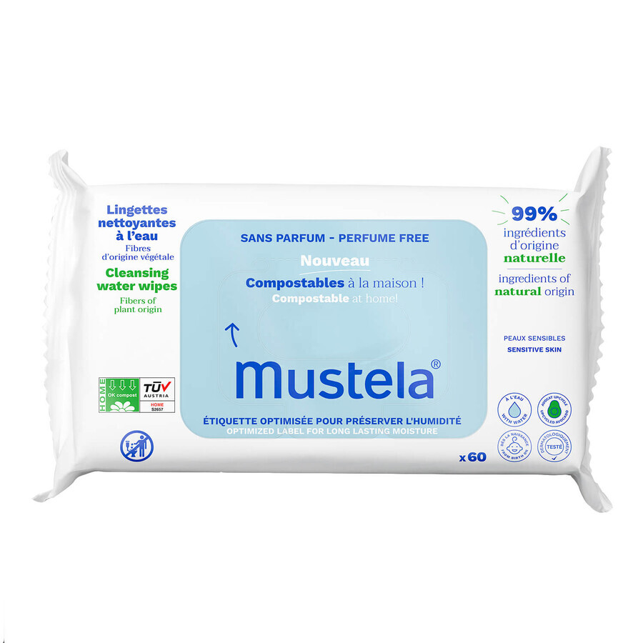 Mustela, reinigingsdoekjes, composteerbaar, ongeparfumeerd, vanaf de geboorte, 60 stuks
