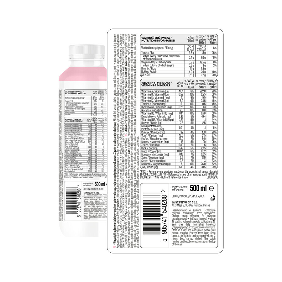 OSHEE Eatyx, pasto liquido pronto per il consumo, vegano, crema alla fragola, 500 ml DATA SCORTA