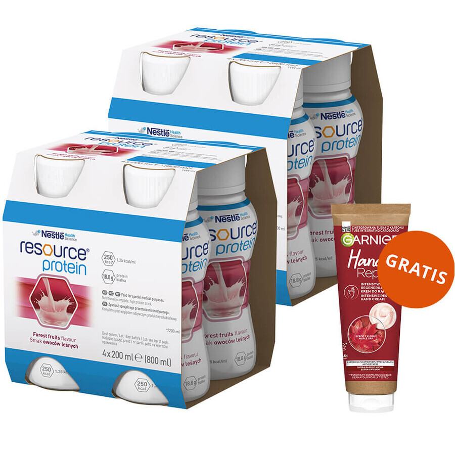Resource Protein Kit, preparado nutritivo con sabor a bayas, 8 x 200 ml + Garnier Hand Repair, crema de manos regeneradora intensiva, 75 ml gratis
