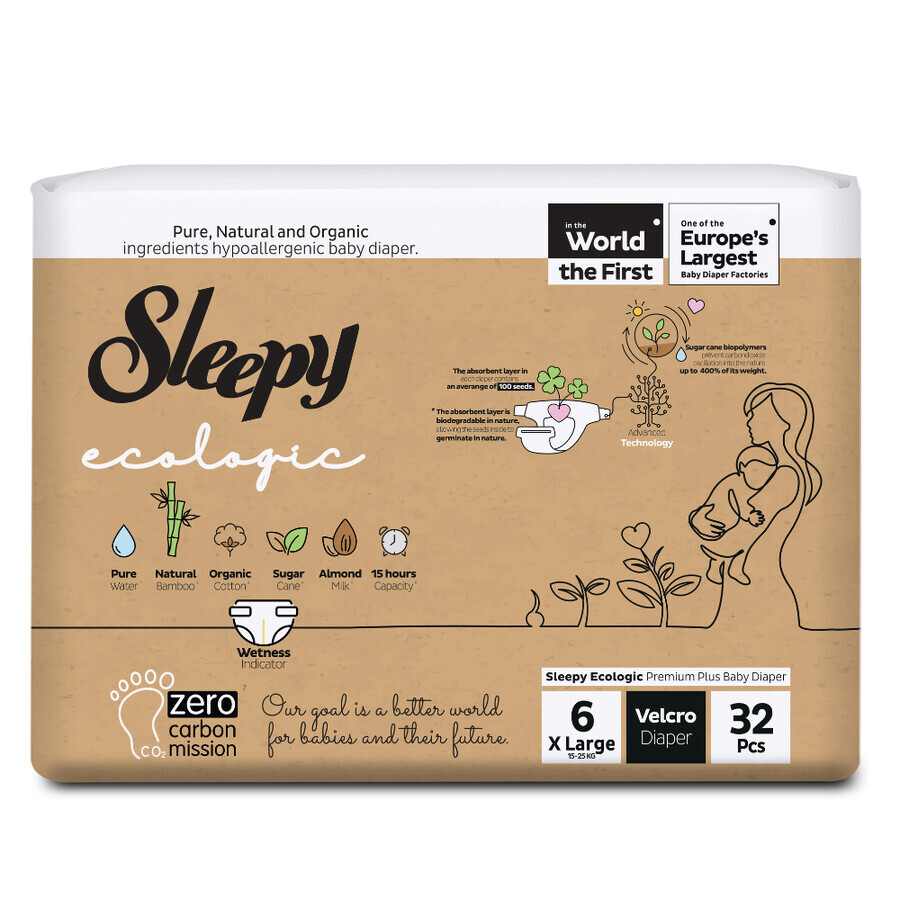 Babywindeln Ecologic, Nr.6 X Large, 15-25 kg, 32 Stück, Sleepy