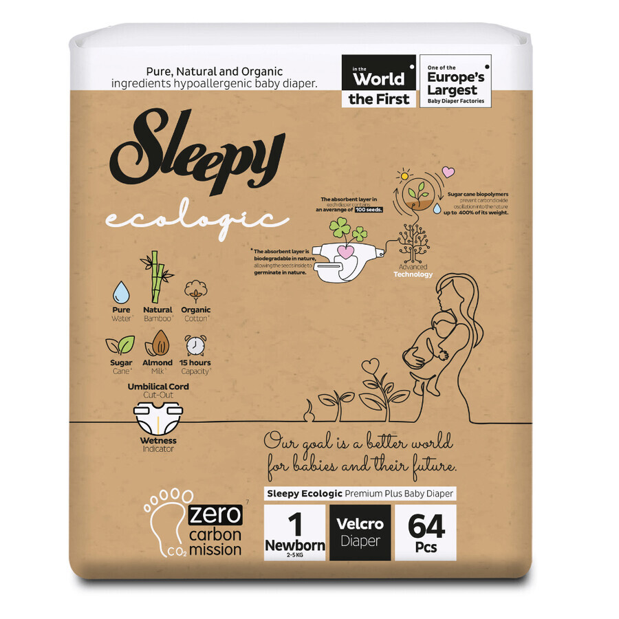 Baby diapers Ecologic, Nr.1 New Born, 2-5 kg, 64 pieces, Sleepy