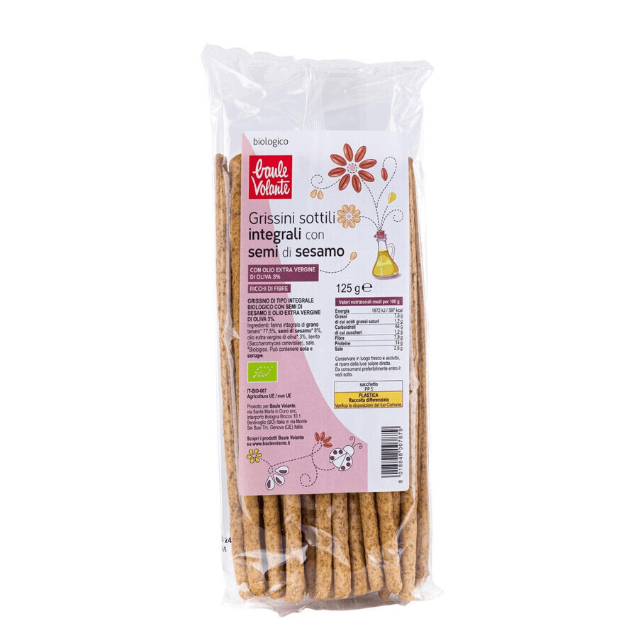Palitos de pan integral bio con sésamo y aceite de oliva virgen extra, 125 g, Baule Volante
