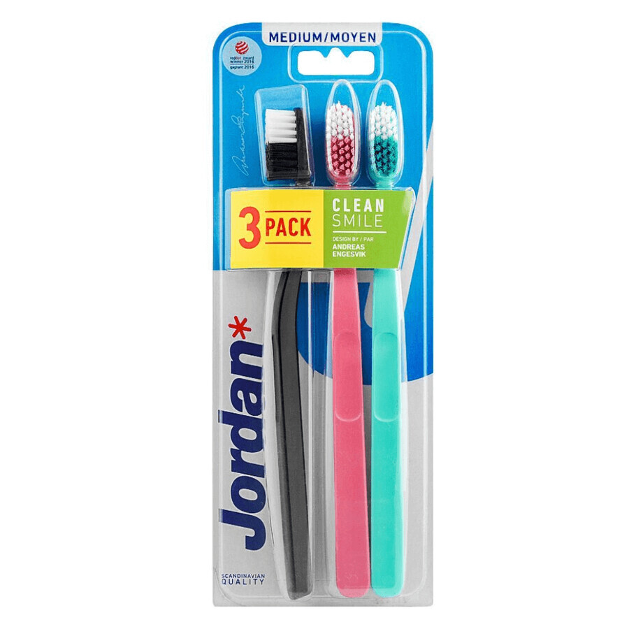 Set of 3 adult toothbrushes Clean Smile, Medium, Multicolor, Jordan