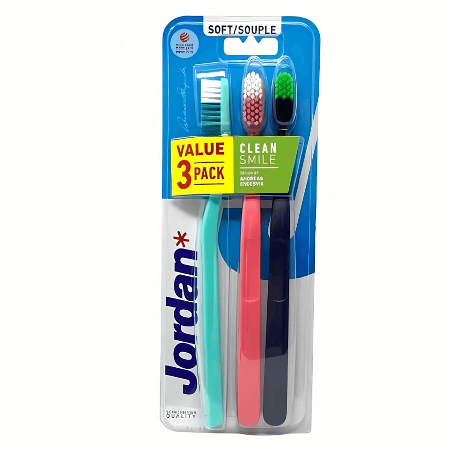 Cumpără Set de 3 periute de dinti pentru adulti Clean Smile, Soft, Multicolor, Jordan Set de 3 periute de dinti pentru adulti Clean Smile, Soft, Multicolor, Jordan