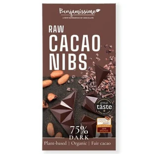 Dark chocolate 75% organic dark chocolate with cocoa nibs, 60 g, Benjamissimo