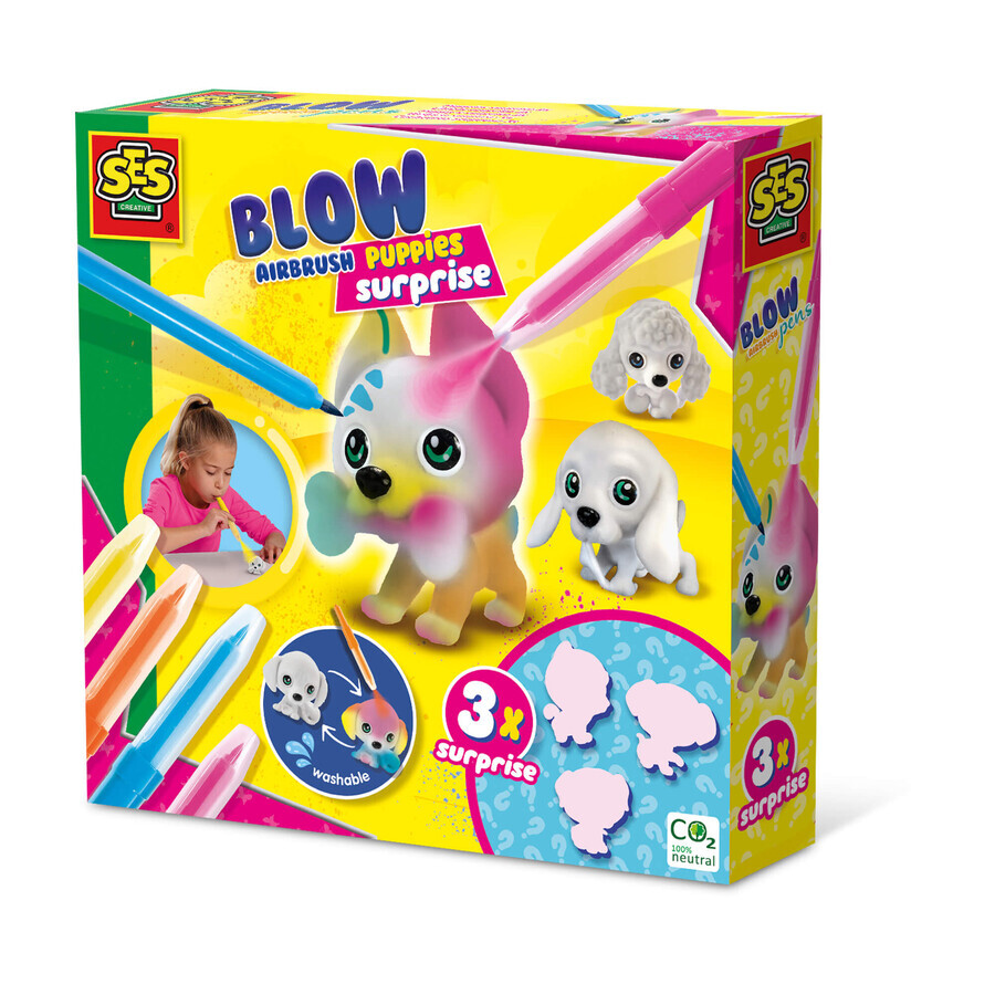 Set aus Airbrush-Buntstiften und 3 Überraschungshündchen, +5 Jahre, SES Creative