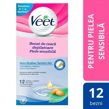 Bandas depilatorias de cera fría para piel sensible, 12 unidades, Veet