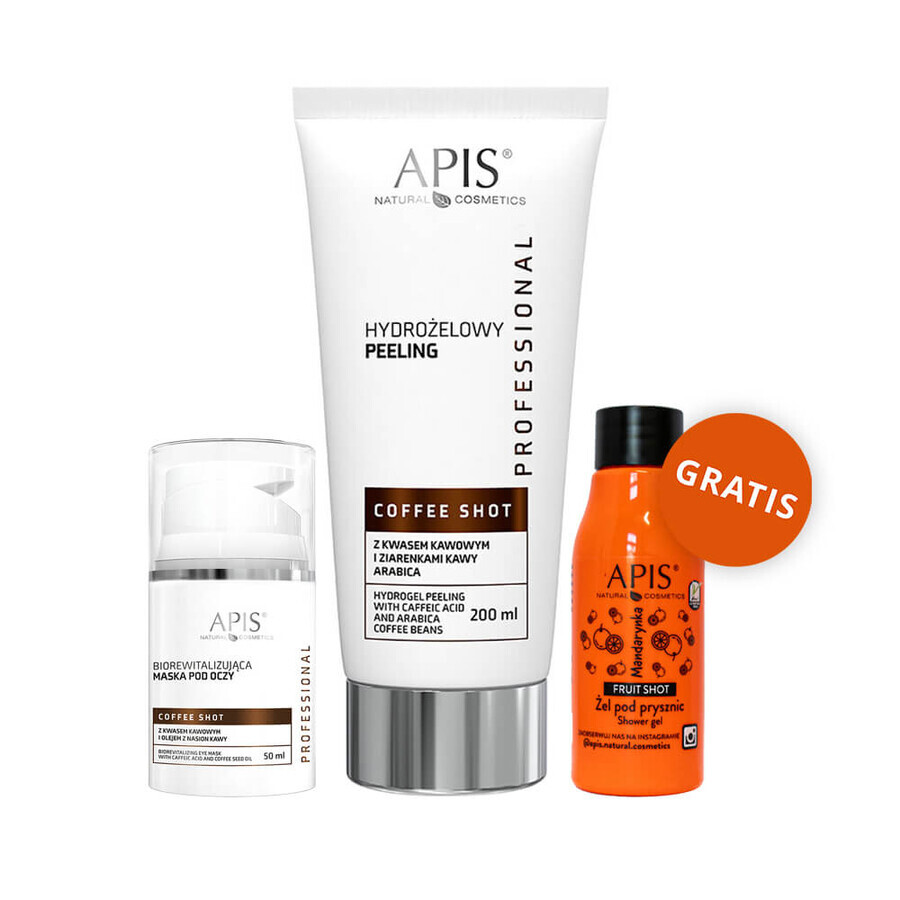 Apis Coffee Shot set, eye mask 50 ml + coffee acid peeling 200 ml + tangerine shower gel 50 ml free of charge