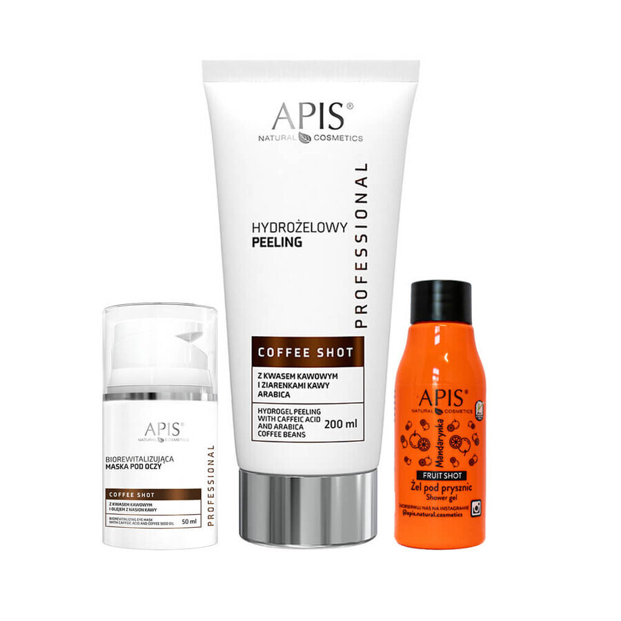 Apis Coffee Shot set, eye mask 50 ml + coffee acid peeling 200 ml + tangerine shower gel 50 ml free of charge