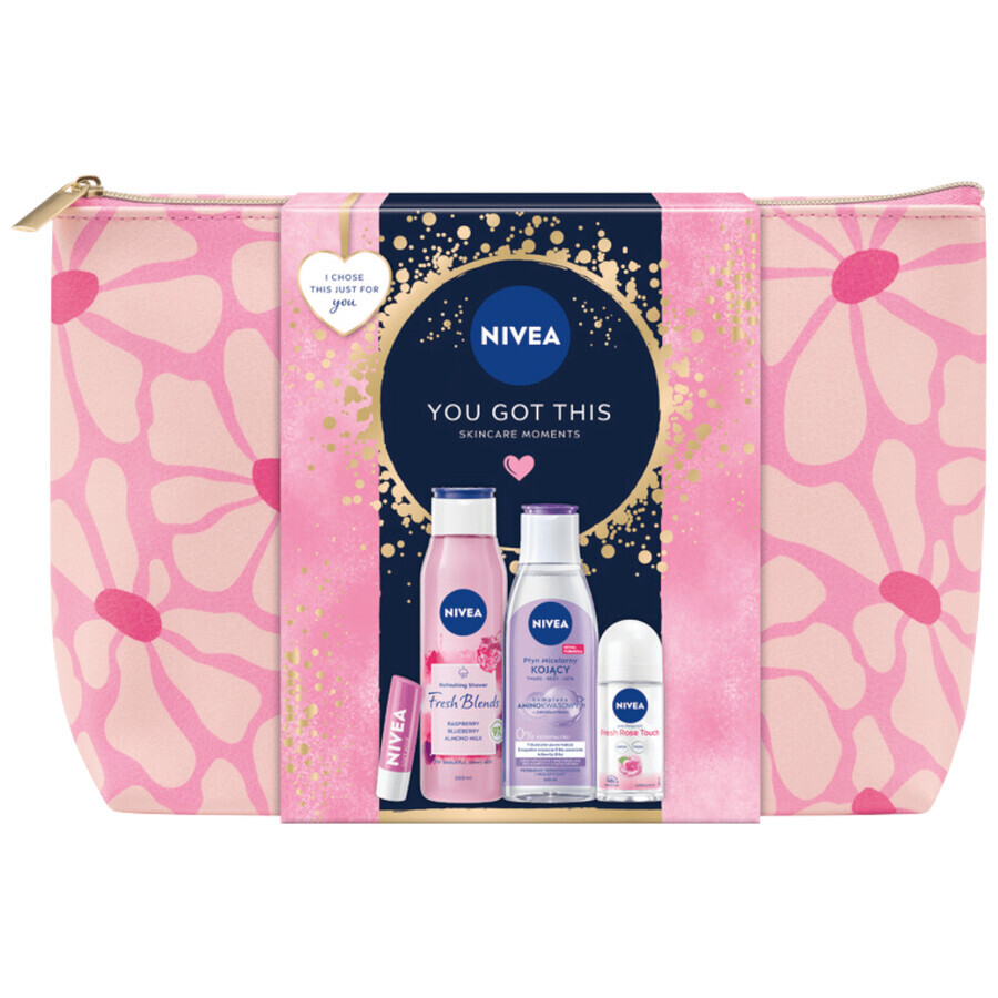 Nivea You Got This Set, Duschgel 300 ml + Mizellenlotion 200 ml + Antitranspirant Roll-on 50 ml + Lippenstift 1 St. + gratis Kosmetiktasche